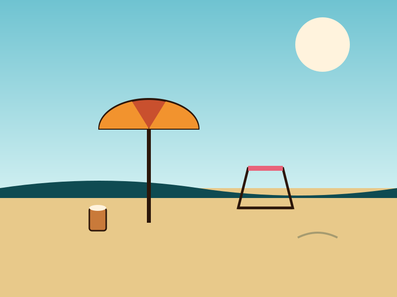 Beach umbrella scene near the boardwalk with a root beer float in the sand