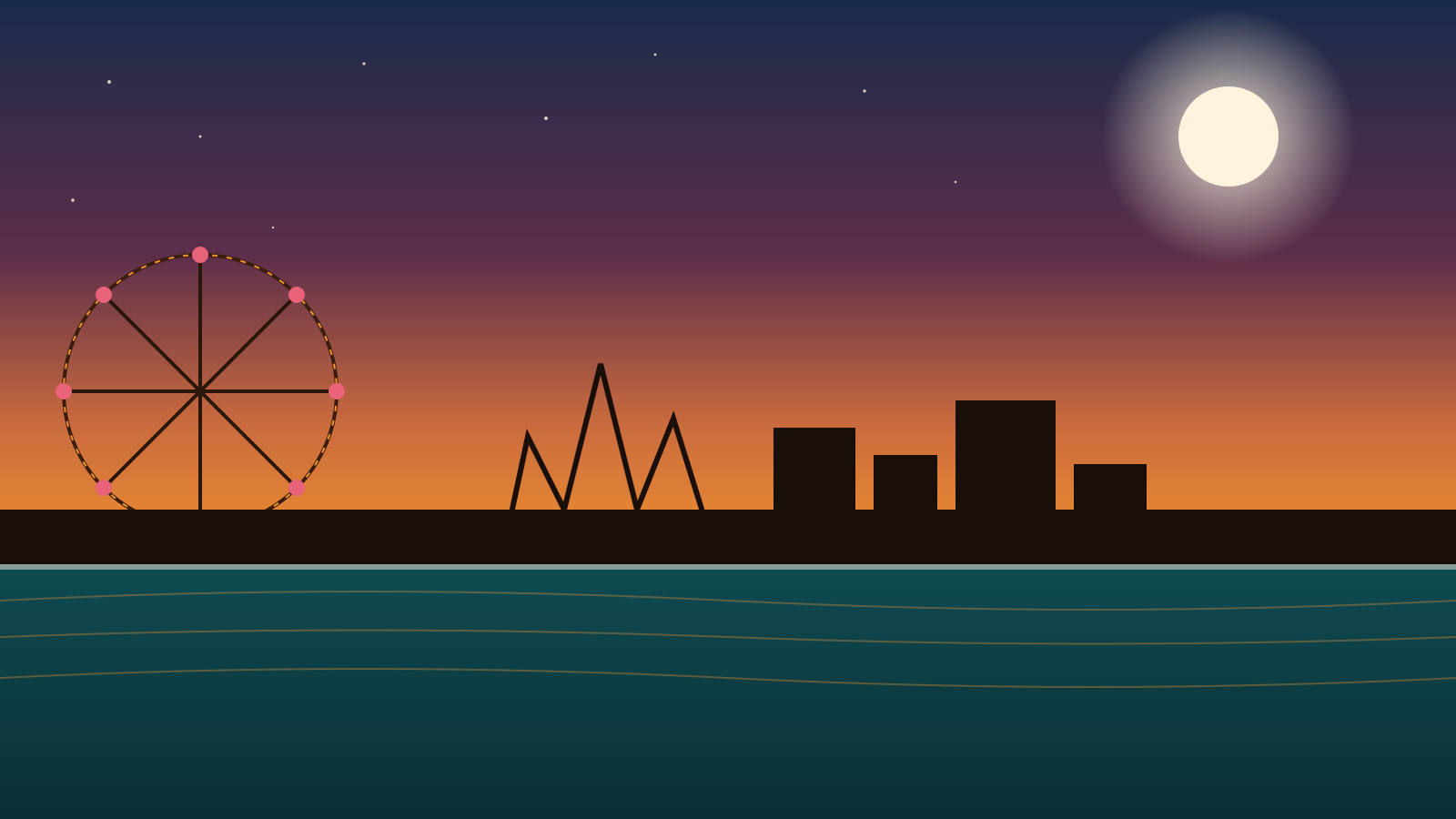 Sunset over the Seaside Heights boardwalk with ferris wheel silhouette